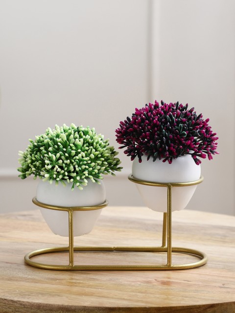 

FOLIYAJ Purple & Green Set Of 2 Artificial Plants With Metal Holder, White