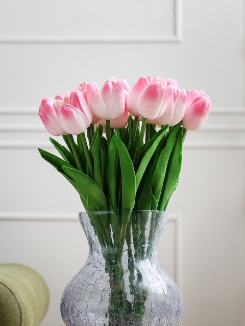 

FOLIYAJ Pink & Green Artificial Tulip Flower Bunch