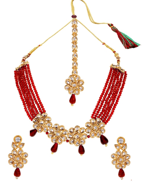 

ANIKAS CREATION Gold-Plated Red & White Stone-Studded & Beaded Jewellery Set