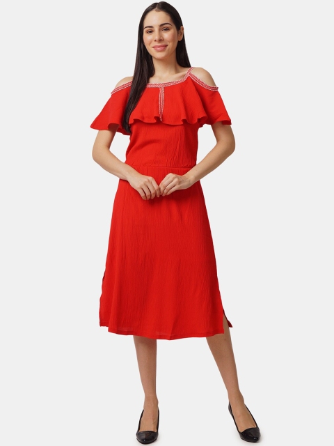 

IX IMPRESSION Red Off-Shoulder Ruffled A-Line Midi Dress