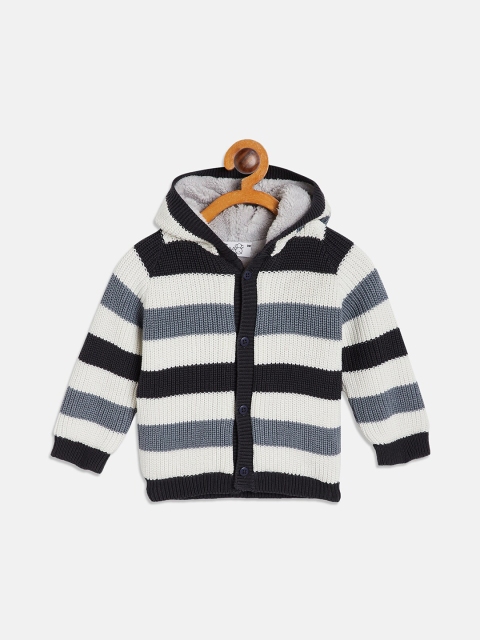 

JWAAQ Unisex Kids Grey & White Striped Front-Open Hooded Sweater