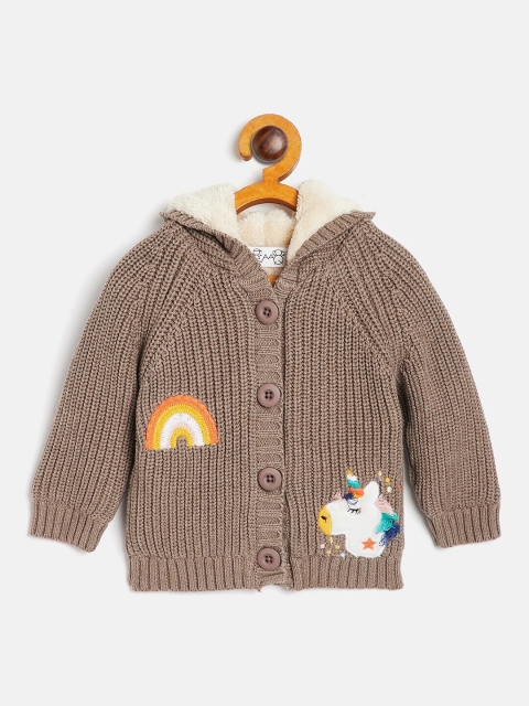 

JWAAQ Unisex Kids Brown Cable Knit Front-Open Hooded Sweater with Applique Detail