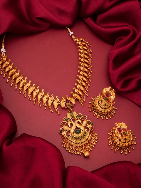 

aadita Peacock Design Pearls and Kundan Choker Handcrafted Embellished Jewellery Set, Gold