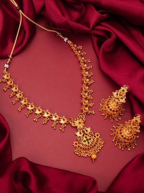 

aadita Peacock Design Pearls and Kundan Choker Handcrafted Embellished Jewellery Set, Gold