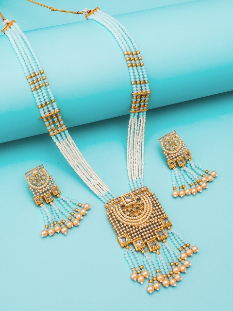 

aadita Gold-Plated White Stone Studded & Blue Beaded Handcrafted Jewellery Set