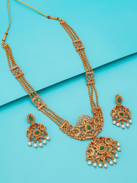 

aadita Green-Toned & Gold-Plated Stone-Studded Handcrafted Necklace With Earrings