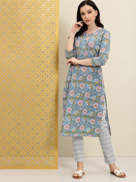 

House of Pataudi Women Grey Floral Printed Regular Pure Cotton Rozana Kurta with Trousers