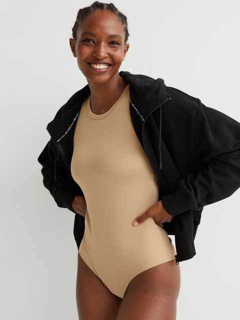 

H&M Women Beige Solid Sports Bodysuit