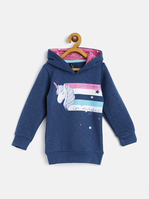 

GAME BEGINS Girls Navy Blue & White Unicorn Print Cotton Hooded Sweatshirt
