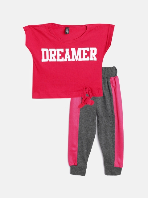 

GAME BEGINS Girls Pink & Charcoal Grey Cotton Printed Top with Joggers