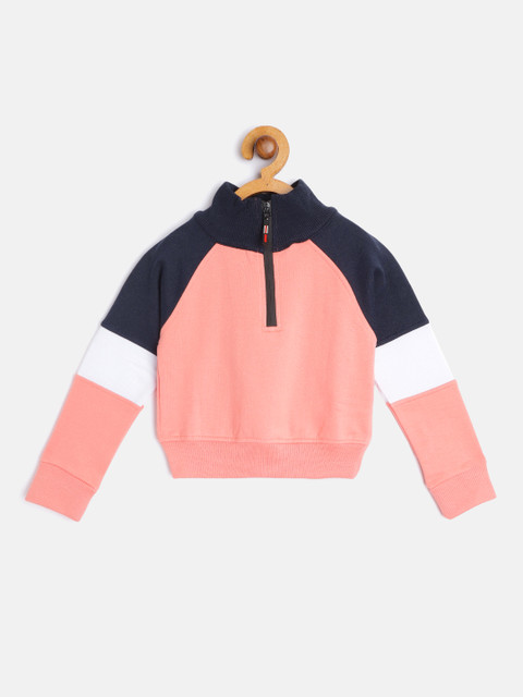 

GAME BEGINS Girls Peach-Coloured & Navy Blue Solid Pure Cotton Sweatshirt