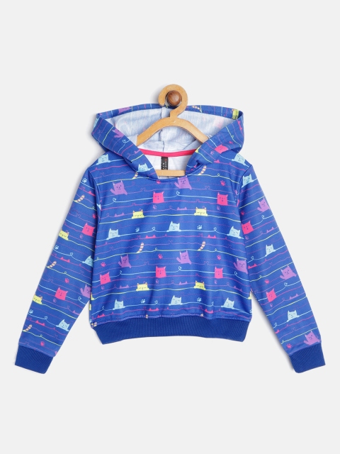 

GAME BEGINS Girls Blue & Pink Cat Print Pure Cotton Hooded Sweatshirt