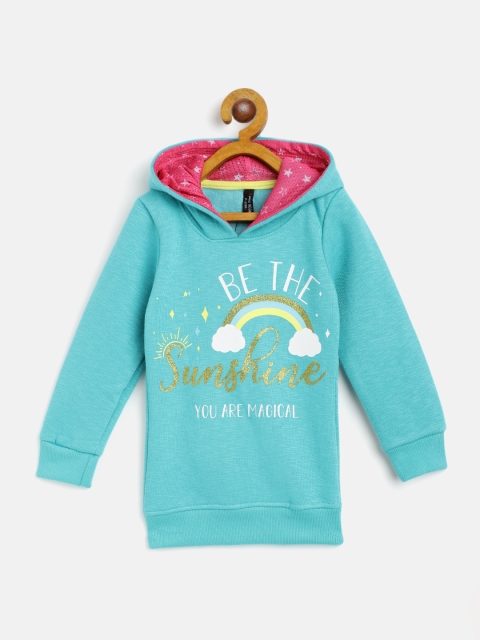 

GAME BEGINS Girls Sea Green & White Typography Print Pure Cotton Hooded Sweatshirt