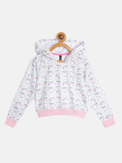 

GAME BEGINS Girls White & Pink Unicorn Print Cotton Hooded Sweatshirt