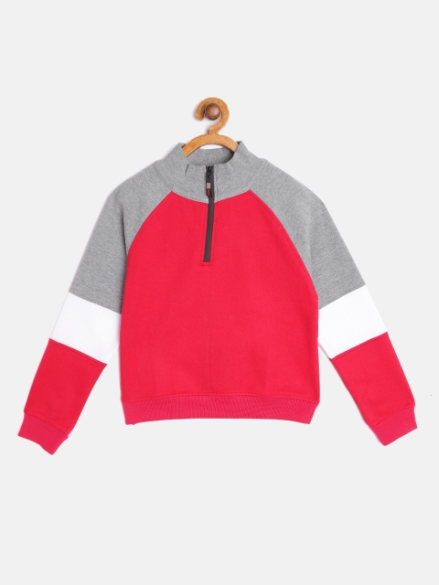 

GAME BEGINS Girls Fuchsia Pink & Grey Melange Solid Cotton Sweatshirt