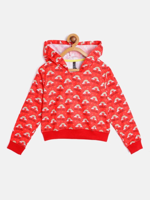 

GAME BEGINS Girls Red & White Conversational Print Cotton Hooded Sweatshirt