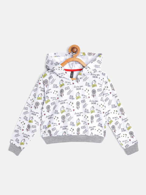 

GAME BEGINS Girls White & Black Conversational Print Cotton Hooded Sweatshirt