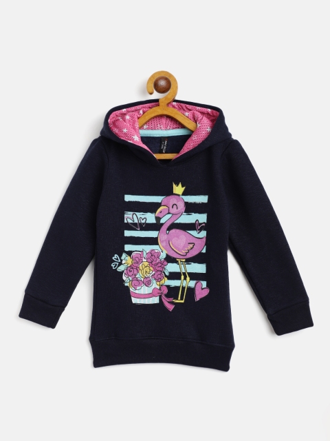 

GAME BEGINS Girls Navy Blue & Pink Graphic Print Cotton Hooded Sweatshirt