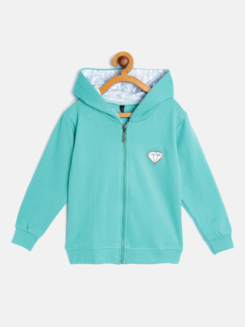 

GAME BEGINS Girls Sea Green Solid Cotton Hooded Sweatshirt