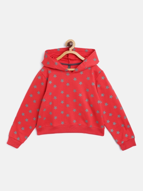 

GAME BEGINS Girls Red & Grey Cotton Hearts Printed Hooded Sweatshirt