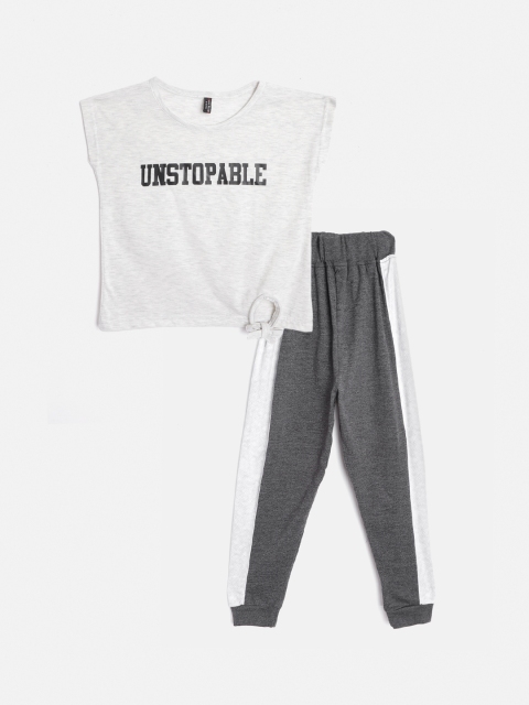 

GAME BEGINS Girls Off-White & Charcoal Grey Cotton Printed Top with Joggers