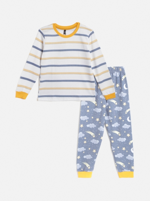 

GAME BEGINS Boys White & Blue Cotton Striped Pyjama Set