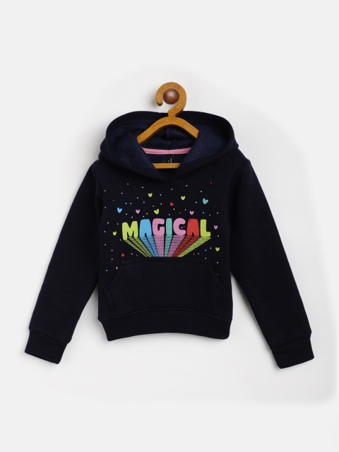 

GAME BEGINS Girls Navy Blue & Pink Printed Cotton Hooded Sweatshirt