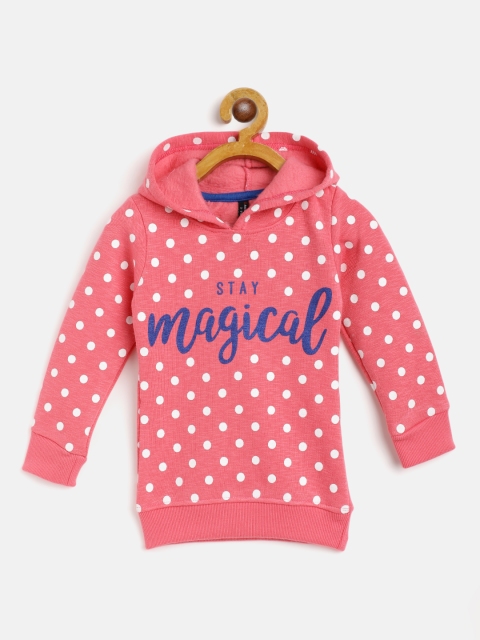 

GAME BEGINS Girls Pink & White Polka Dots & Typography Cotton Printed Hooded Sweatshirt