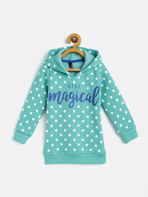 

GAME BEGINS Girls Sea Green & White Polka Dots Cotton Printed Hooded Sweatshirt