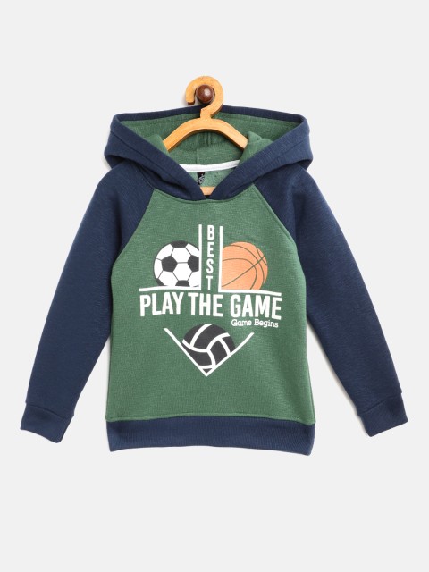 

GAME BEGINS Boys Green & Blue Cotton Printed Hooded Sweatshirt