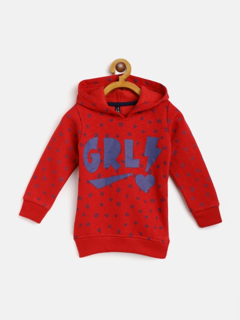 

GAME BEGINS Girls Red & Blue Cotton Printed Hooded Sweatshirt