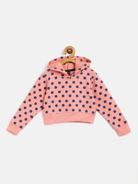 

GAME BEGINS Girls Peach-Coloured & Navy Blue Polka Dot Print Cotton Hooded Sweatshirt