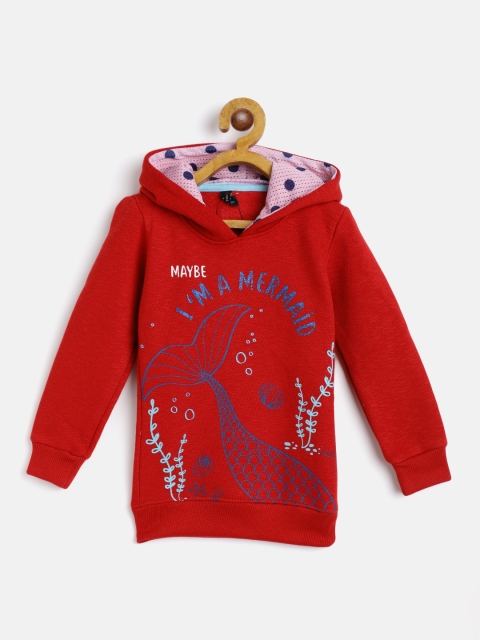 

GAME BEGINS Girls Red & Blue Cotton Printed Hooded Sweatshirt