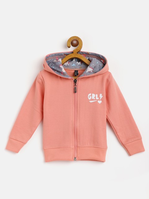 

GAME BEGINS Girls Peach-Coloured Cotton Solid Hooded Sweatshirt