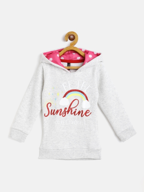 

GAME BEGINS Girls Grey Melange & Maroon Cotton Printed Hooded Sweatshirt