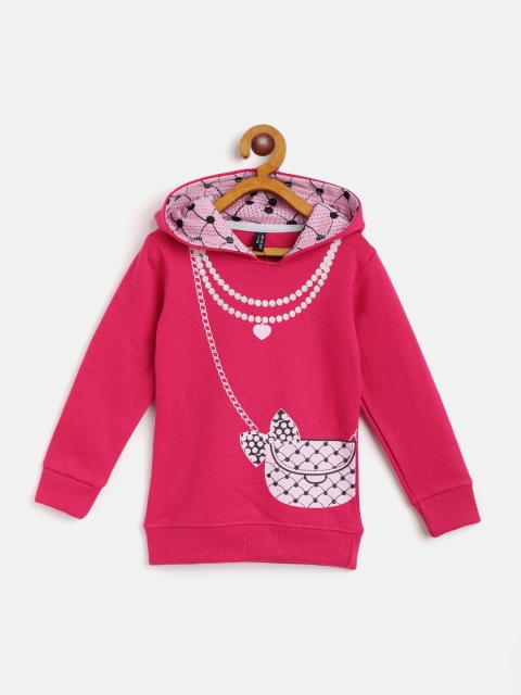 

GAME BEGINS Girls Fuschia Cotton Printed Hooded Sweatshirt, Fuchsia