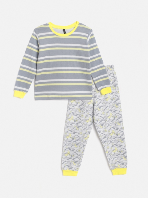 

GAME BEGINS Boys Grey & White Cotton Striped Pyjama Set