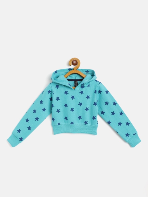 

GAME BEGINS Girls Sea Green & Navy Blue Star Print Cotton Hooded Sweatshirt