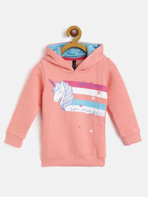 

GAME BEGINS Girls Peach-Coloured & White Cotton Unicorn Print Hooded Sweatshirt