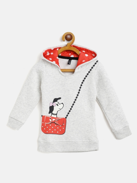 

GAME BEGINS Girls Grey Melange & Red Cotton Printed Hooded Sweatshirt