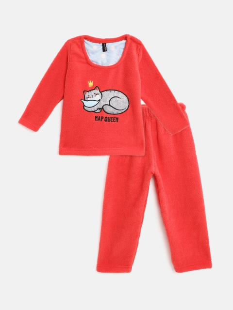 

GAME BEGINS Girls Red Cat Applique Sherpa Sweatshirt with Pyjamas