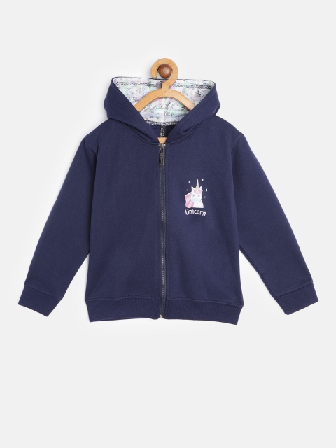 

GAME BEGINS Girls Navy Blue Cotton Solid Hooded Sweatshirt