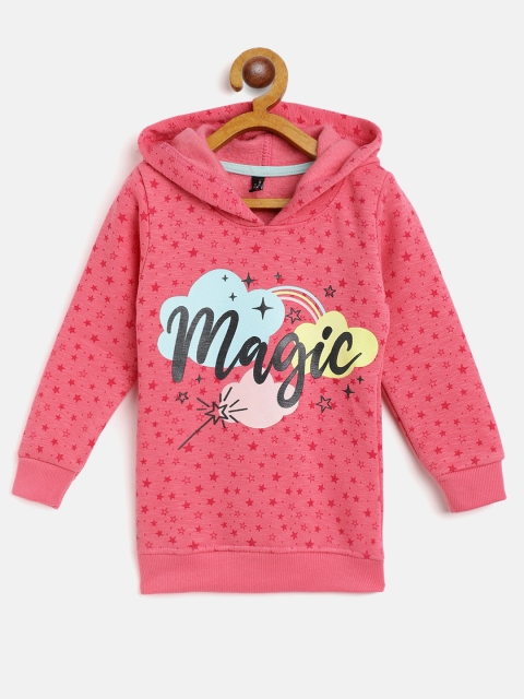 

GAME BEGINS Girls Pink & Black Cotton Printed Hooded Sweatshirt