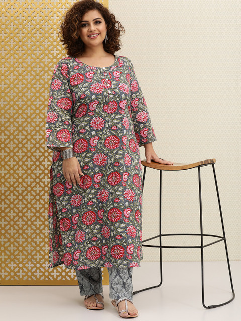 

House of Pataudi Women Grey Floral Printed Pure Cotton Kurta with Printed Palazzos