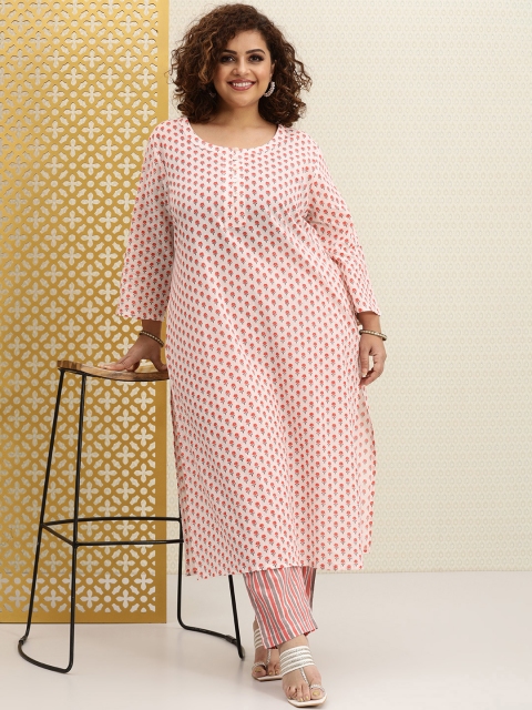 

House of Pataudi Women Red Ethnic Motifs Printed Pure Cotton Kurta with Palazzos