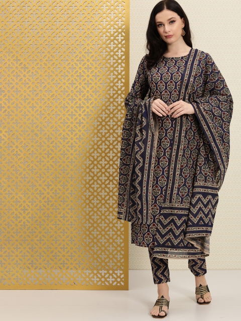 

House of Pataudi Women Navy Blue Floral Pure Cotton Rozana Kurta with Trousers & Dupatta