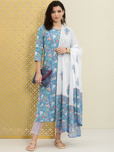 

House of Pataudi Women Blue Floral Printed Rozana Pure Cotton Kurta Set