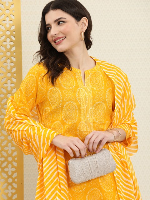 

House of Pataudi Women Yellow & White Printed Regular Pure Cotton Rozana Kurta Set