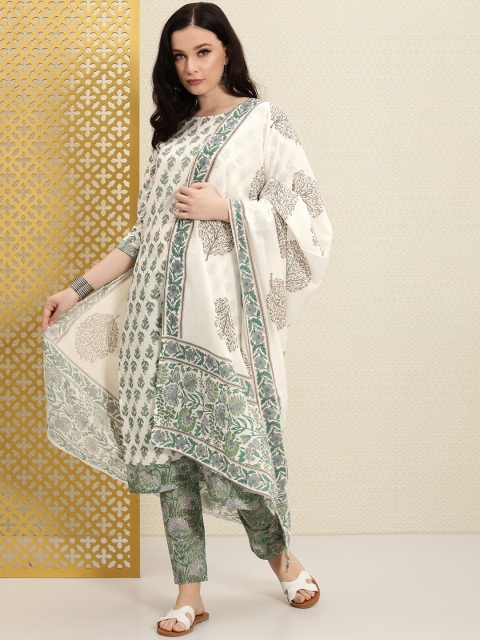 

House of Pataudi Women White & Green Printed Rozana Kurta with Trousers & With Dupatta