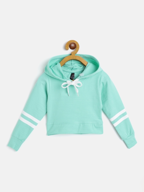 

GAME BEGINS Girls Sea Green Self Striped Cotton Crop Hooded T-shirt